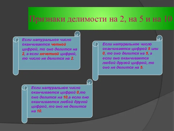 Признаки делимости на 2, на 5 и на 10 Если