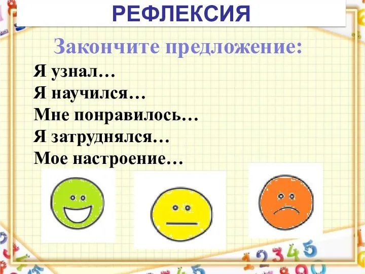 Закончите предложение: Я узнал… Я научился… Мне понравилось… Я затруднялся… Мое настроение… РЕФЛЕКСИЯ