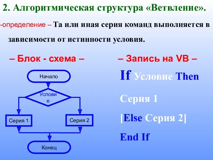 2. Алгоритмическая структура «Ветвление». -определение – Та или иная серия