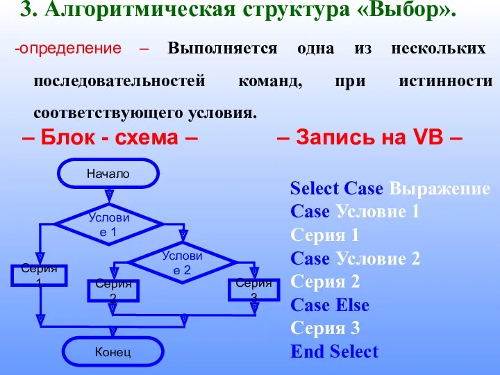 3. Алгоритмическая структура «Выбор». -определение – Выполняется одна из нескольких