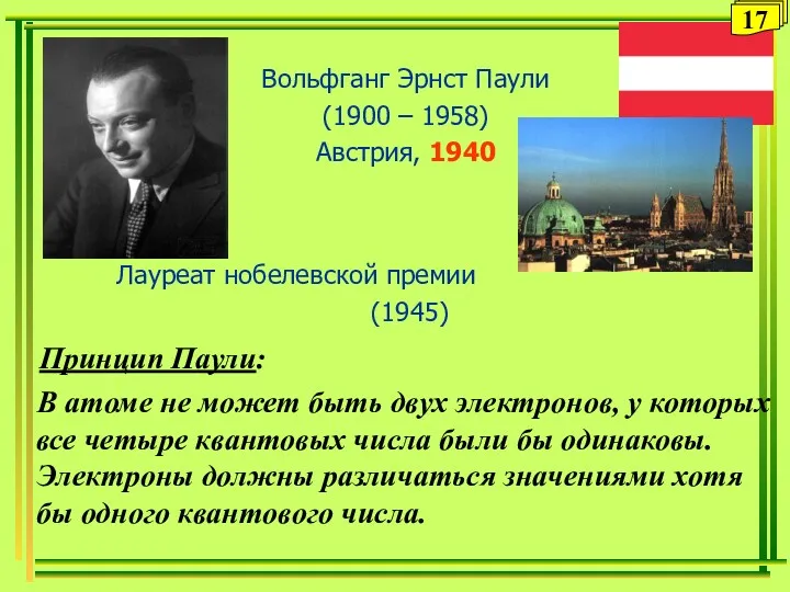 Вольфганг Эрнст Паули (1900 – 1958) Австрия, 1940 Лауреат нобелевской