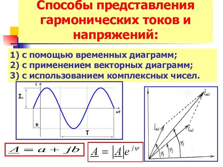 Способы представления гармонических токов и напряжений: 1) с помощью временных диаграмм; 2) с
