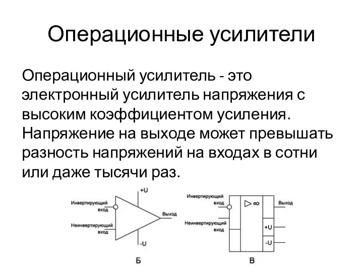 Операционные усилители Операционный усилитель - это электронный усилитель напряжения с высоким коэффициентом усиления.