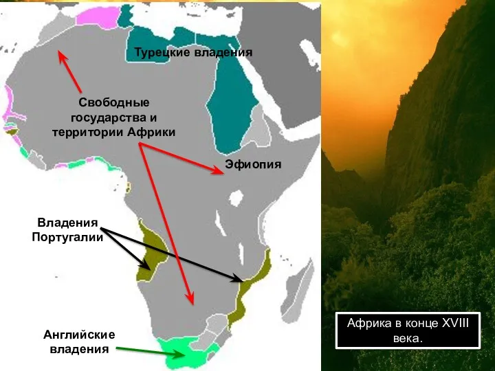Африка в конце XVIII века. Турецкие владения Владения Португалии Эфиопия Английские владения Свободные