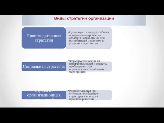 Виды стратегий организации Производственная стратегия Существует в виде разработки и