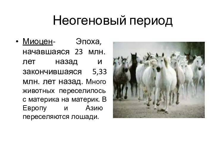 Неогеновый период Миоцен- Эпоха, начавшаяся 23 млн. лет назад и закончившаяся 5,33 млн.