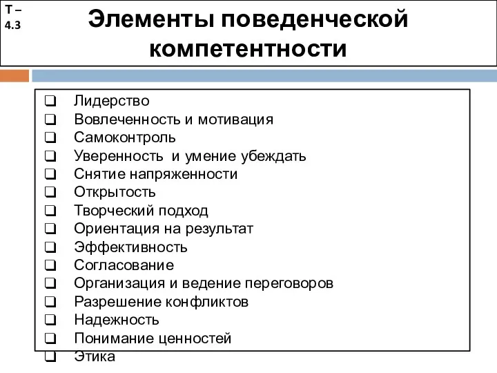 Элементы поведенческой компетентности Лидерство Вовлеченность и мотивация Самоконтроль Уверенность и