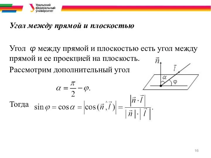 Угол между прямой и плоскостью Угол φ между прямой и