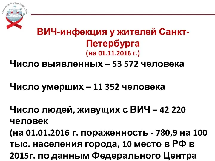 ВИЧ-инфекция у жителей Санкт-Петербурга (на 01.11.2016 г.) Число выявленных –