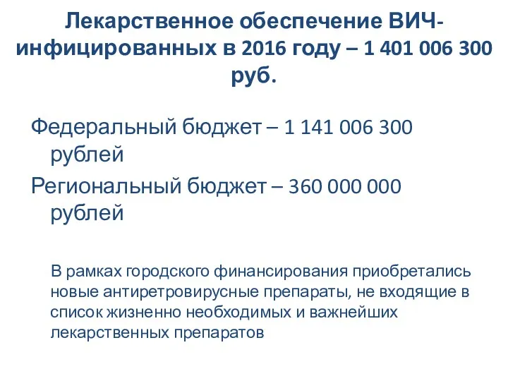 Лекарственное обеспечение ВИЧ-инфицированных в 2016 году – 1 401 006