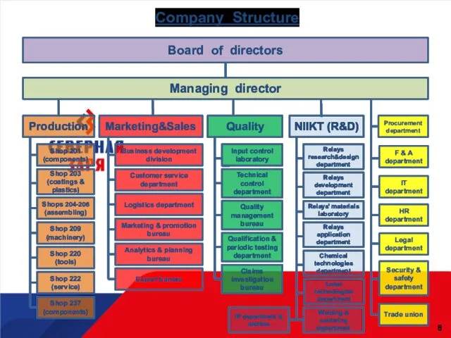 Company Structure Board of directors Production Managing director NIIKT (R&D) Marketing&Sales Quality F