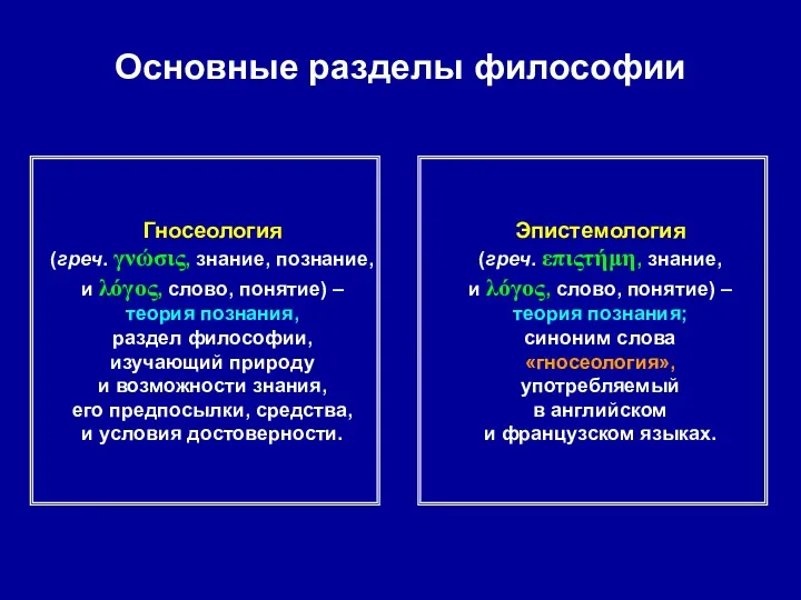 Основные разделы философии Гносеология (греч. γνώσις, знание, познание, и λόγος,