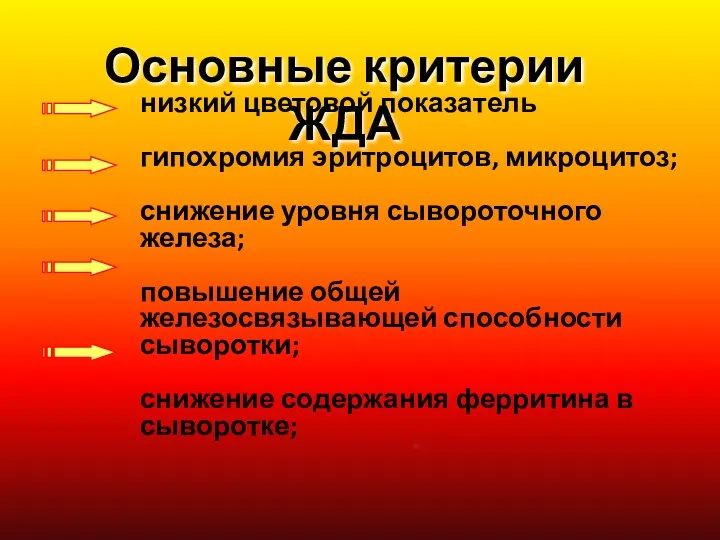 Основные критерии ЖДА низкий цветовой показатель гипохромия эритроцитов, микроцитоз; снижение