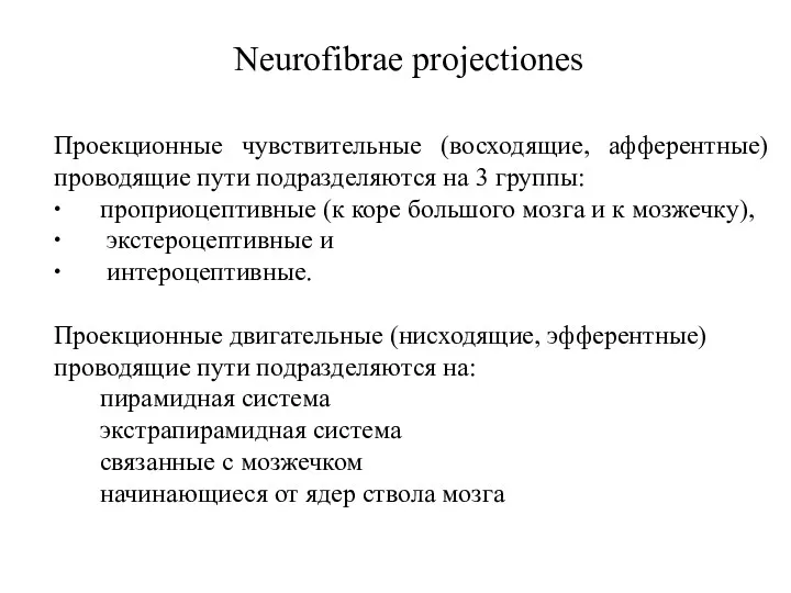 Neurofibrae projectiones Проекционные чувствительные (восходящие, афферентные) проводящие пути подразделяются на