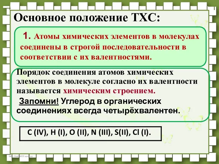 Основное положение ТХС: Порядок соединения атомов химических элементов в молекуле