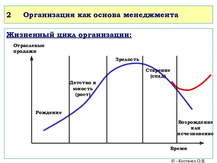 Жизненный цикл организации: Отраслевые продажи Время Рождение Детство и юность