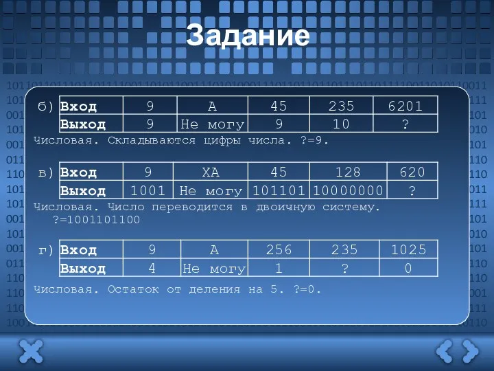 Задание Числовая. Складываются цифры числа. ?=9. Числовая. Число переводится в