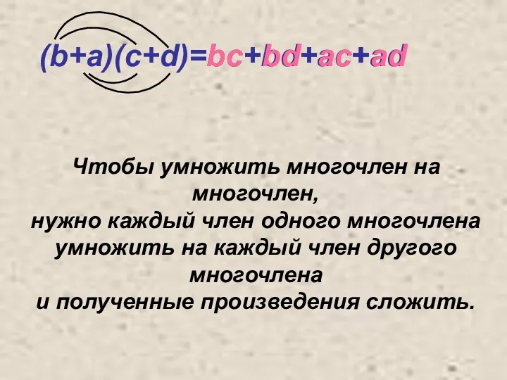 (b+a)(c+d)=bc+bd+ac+ad bc ac bd ad + + + Чтобы умножить