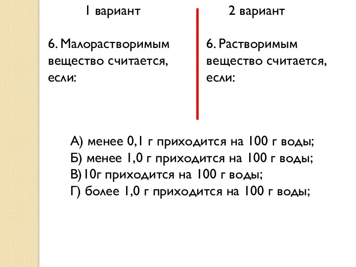 1 вариант 2 вариант 6. Малорастворимым вещество считается, если: 6.