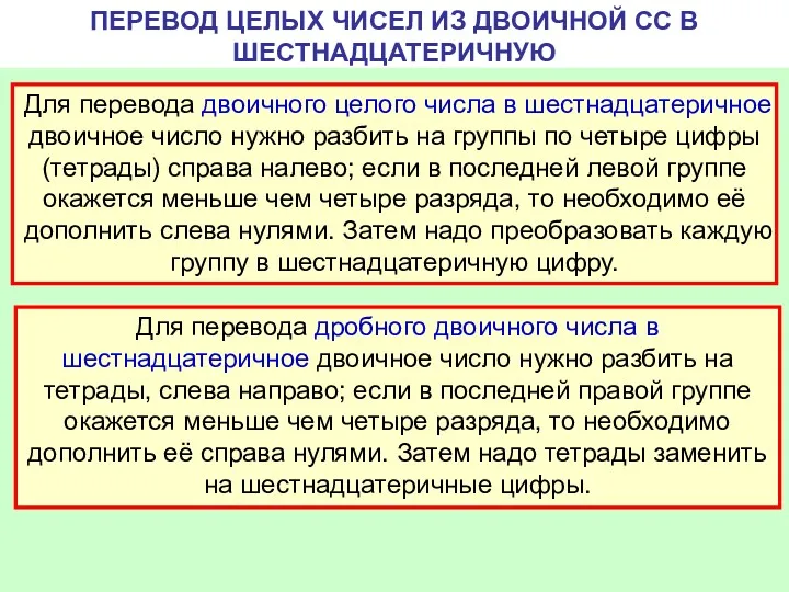 ПЕРЕВОД ЦЕЛЫХ ЧИСЕЛ ИЗ ДВОИЧНОЙ СС В ШЕСТНАДЦАТЕРИЧНУЮ Для перевода двоичного целого числа