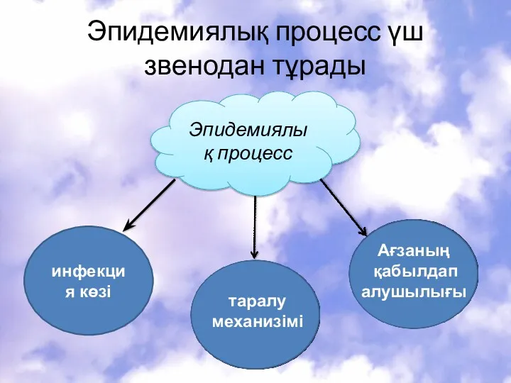 Эпидемиялық процесс үш звенодан тұрады Эпидемиялық процесс инфекция көзі таралу механизімі Ағзаның қабылдап алушылығы