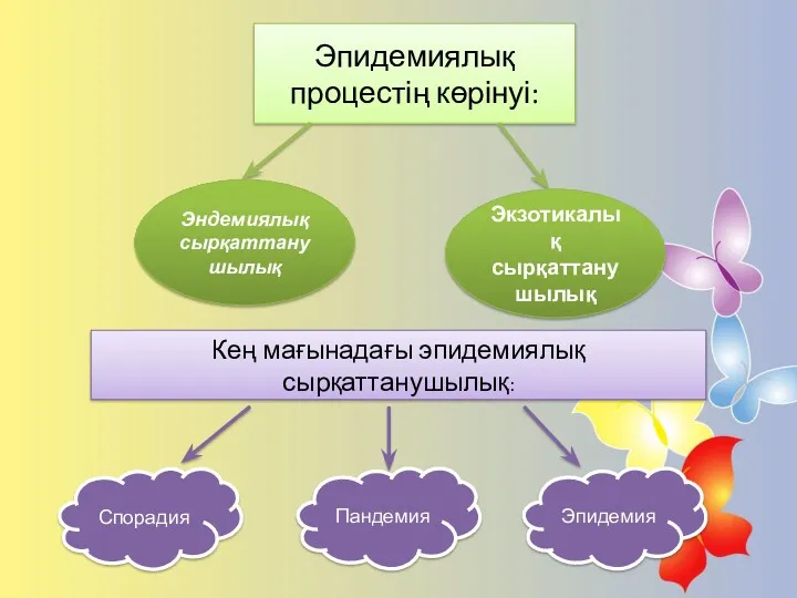 Эпидемиялық процестің көрінуі: Эндемиялық сырқаттану шылық Экзотикалық сырқаттану шылық Кең мағынадағы эпидемиялық сырқаттанушылық: Спорадия Пандемия Эпидемия