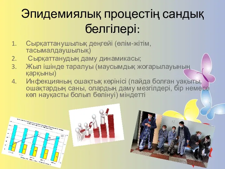 Эпидемиялық процестің сандық белгілері: Сырқаттанушылық деңгейі (өлім-жітім, тасымалдаушылық) Сырқаттанудың даму