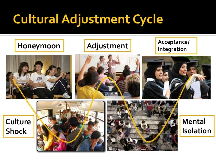 Cultural Adjustment Cycle Honeymoon Culture Shock Adjustment Mental Isolation Acceptance/ Integration