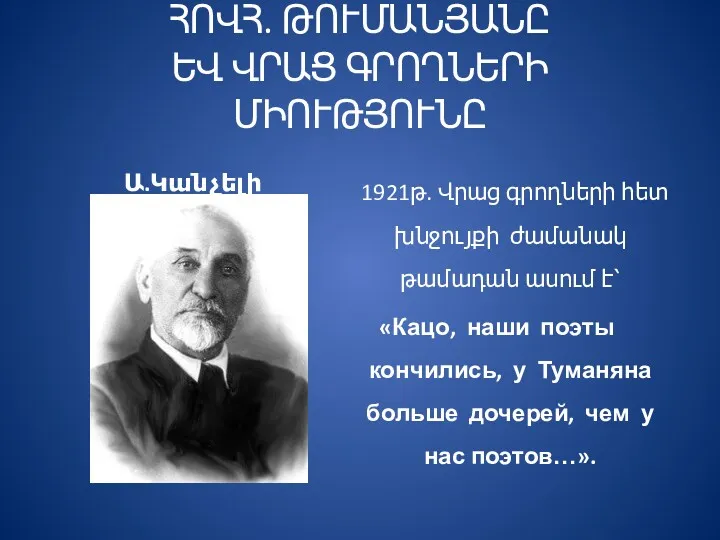 ՀՈՎՀ. ԹՈՒՄԱՆՅԱՆԸ ԵՎ ՎՐԱՑ ԳՐՈՂՆԵՐԻ ՄԻՈՒԹՅՈՒՆԸ Ա.Կանչելի 1921թ. Վրաց գրողների