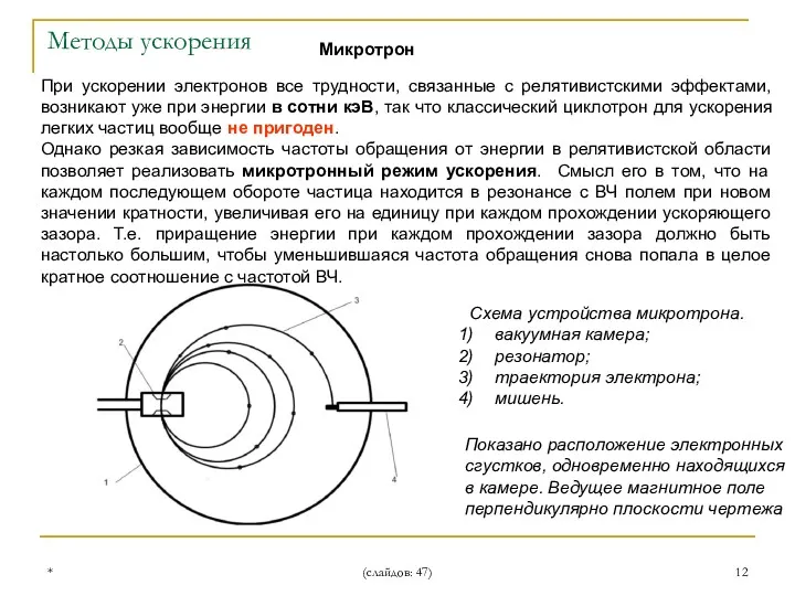 * (слайдов: 47) Микротрон При ускорении электронов все трудности, связанные