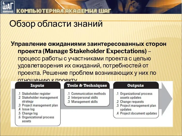 Обзор области знаний Управление ожиданиями заинтересованных сторон проекта (Manage Stakeholder