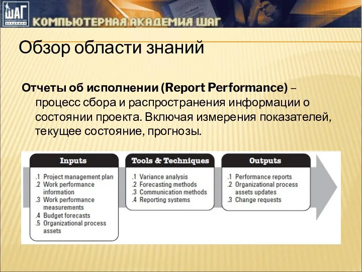 Обзор области знаний Отчеты об исполнении (Report Performance) – процесс