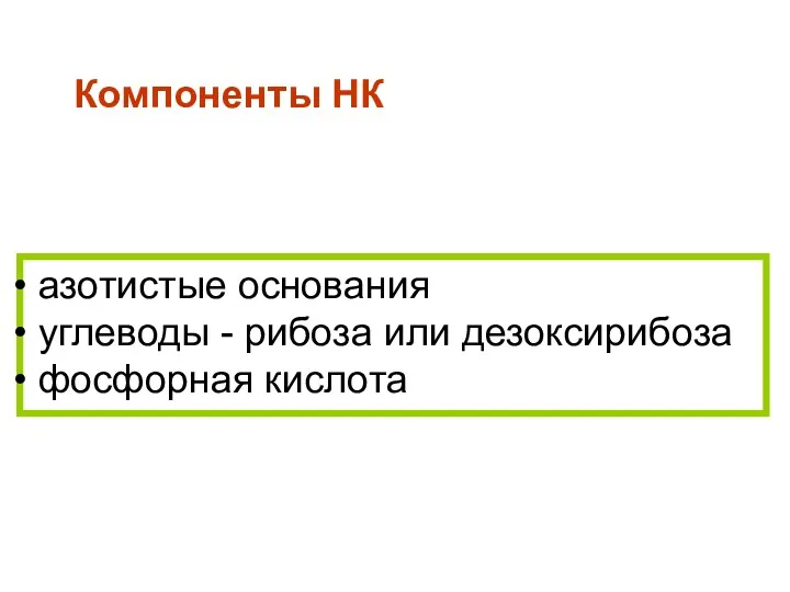 азотистые основания углеводы - рибоза или дезоксирибоза фосфорная кислота Компоненты НК