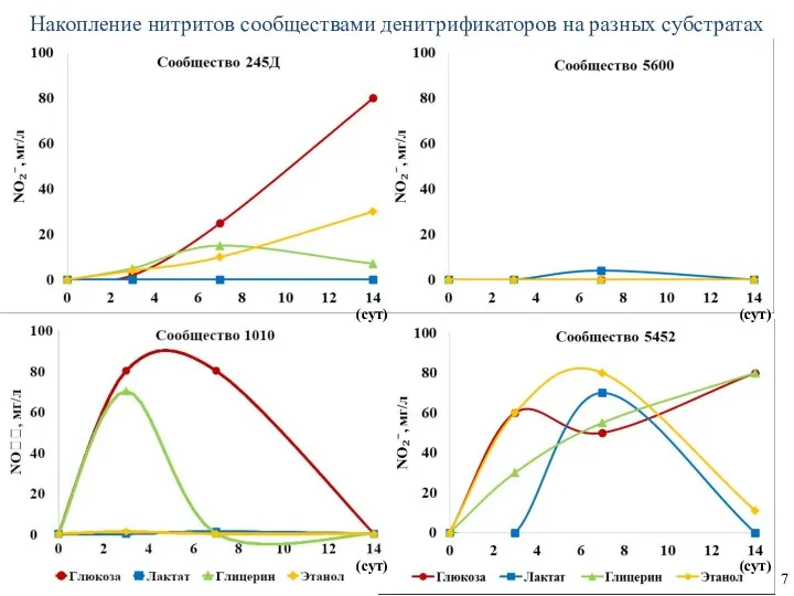 Накопление нитритов сообществами денитрификаторов на разных субстратах (сут) (сут) (сут) (сут) 7