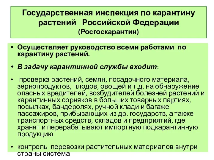 Государственная инспекция по карантину растений Российской Федерации (Росгоскарантин) Осуществляет руководство