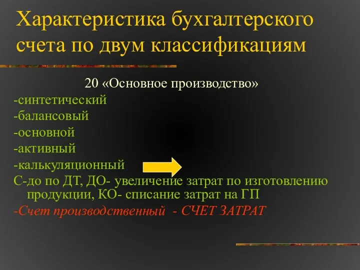 Характеристика бухгалтерского счета по двум классификациям 20 «Основное производство» -синтетический