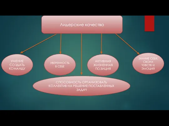 Лидерские качества УМЕНИЕ СОЗДАТЬ КОМАНДУ УВЕРЕННОСТЬ В СЕБЕ СПОСОБНОСТЬ ОРГАНИЗОВАТЬ