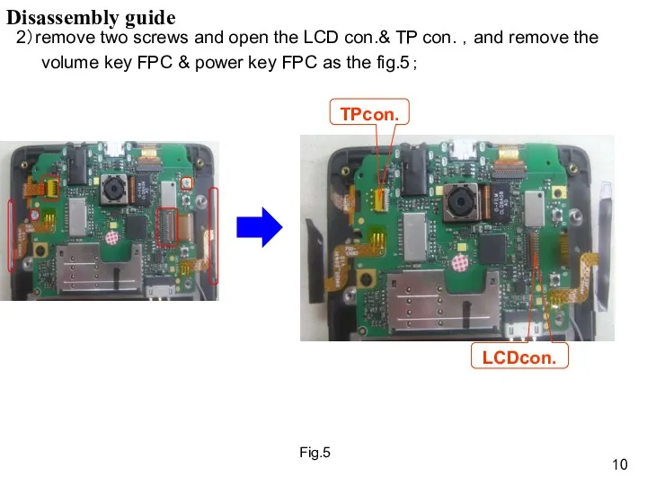 2）remove two screws and open the LCD con.& TP con.