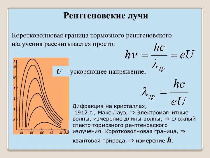 Коротковолновая граница тормозного рентгеновского излучения рассчитывается просто: U – ускоряющее