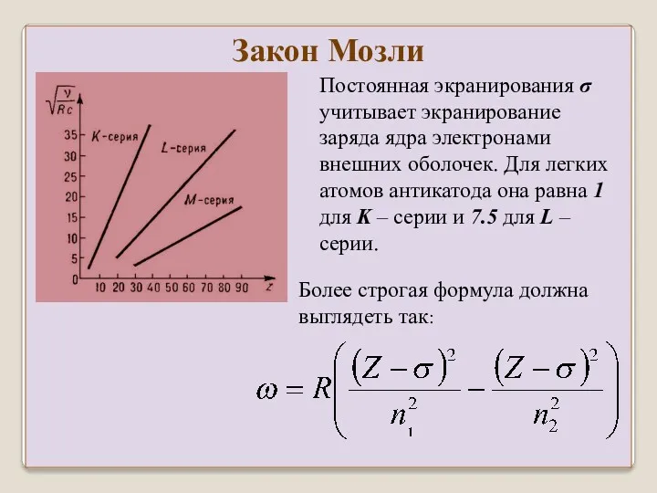 Постоянная экранирования σ учитывает экранирование заряда ядра электронами внешних оболочек.