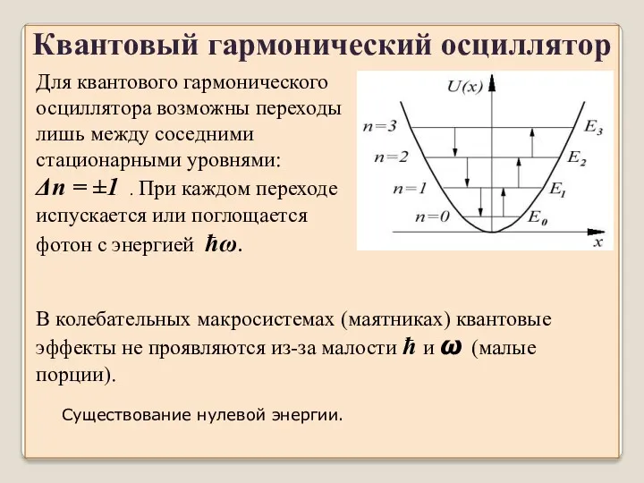 Квантовый гармонический осциллятор Для квантового гармонического осциллятора возможны переходы лишь