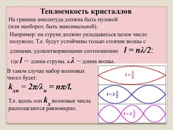 Теплоемкость кристаллов Например: на струне должно укладываться целое число полуволн.