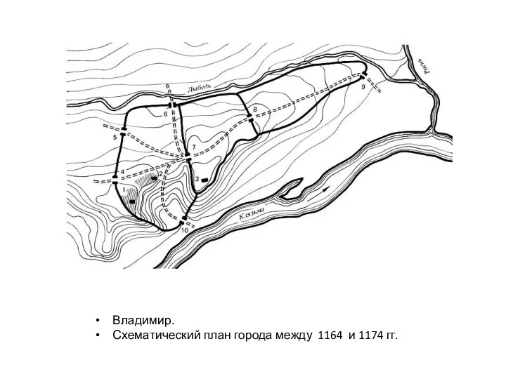 Владимир. Схематический план города между 1164 и 1174 гг.