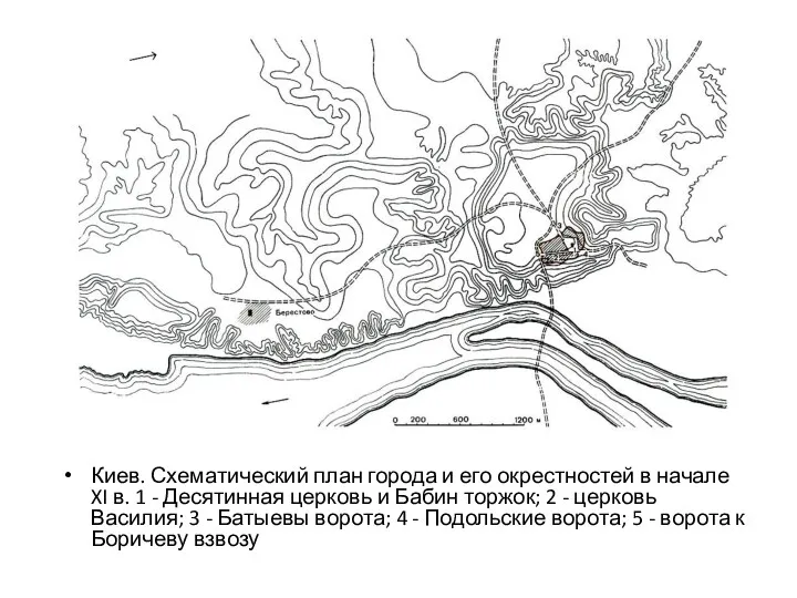 Киев. Схематический план города и его окрестностей в начале XI в. 1 -