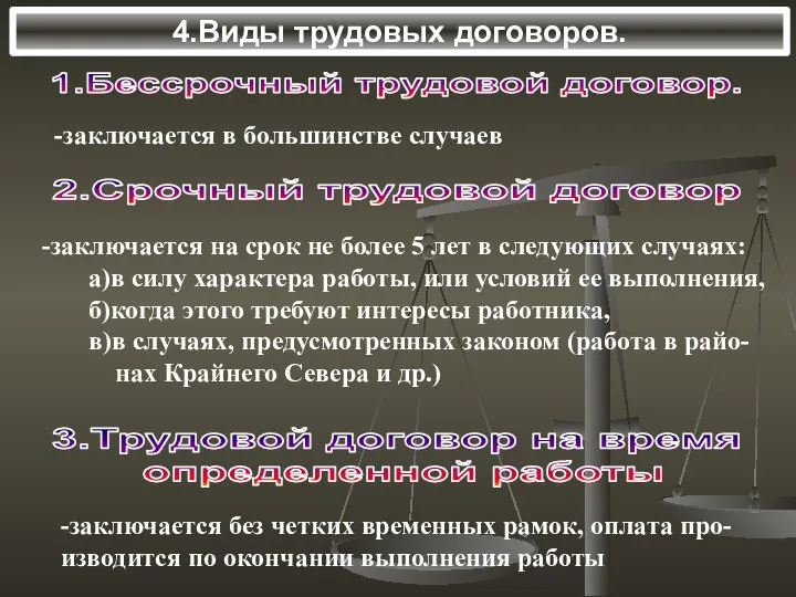 4.Виды трудовых договоров. 1.Бессрочный трудовой договор. -заключается в большинстве случаев 2.Срочный трудовой договор