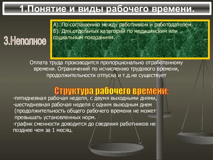 1.Понятие и виды рабочего времени. 3.Неполное А). По соглашению между работником и работодателем.