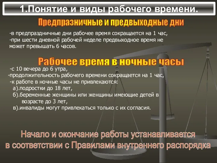 1.Понятие и виды рабочего времени. Предпразничные и предвыходные дни -в предпраздничные дни рабочее