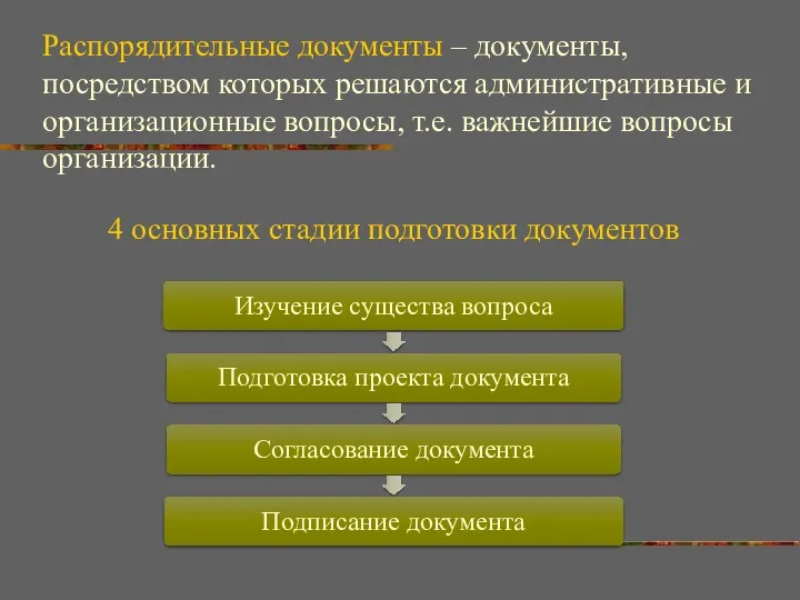 4 основных стадии подготовки документов Распорядительные документы – документы, посредством