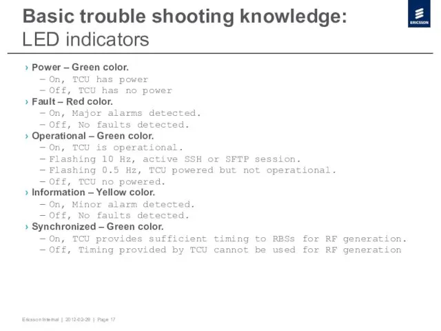 Basic trouble shooting knowledge: LED indicators Power – Green color.