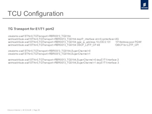 TCU Configuration TG Transport for E1/T1 port2 createmo asdf STN=0,TGTransport=RBR0073_TG0154